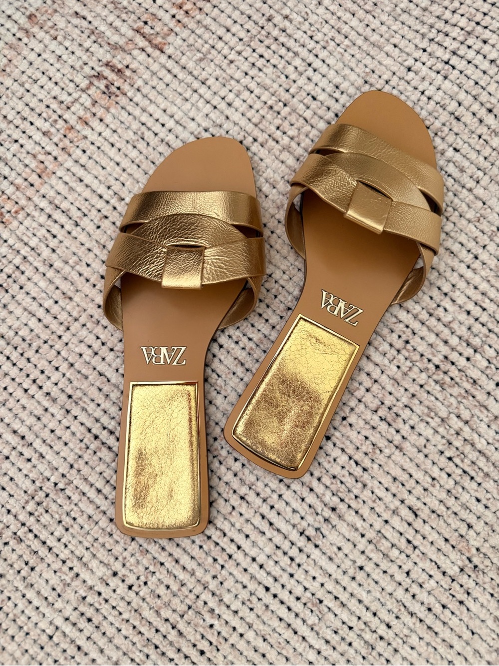 Zara Gold Leather Woven Slide Sandals